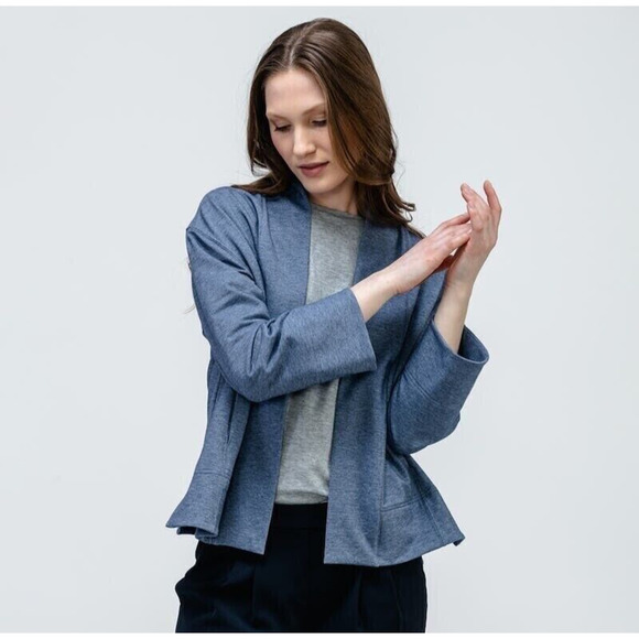 NWT Ministry Of Supply Women's Fusion Terry Cardigan Size M Pockets Blue Heather - Picture 2 of 13